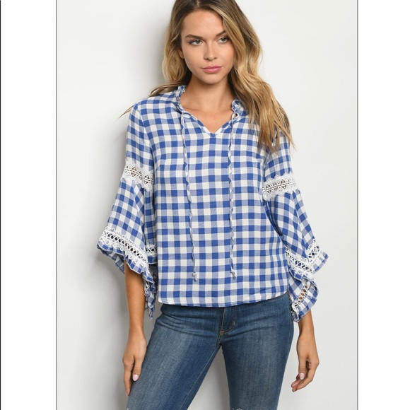 Medium Wide sleeve Blue White Plaid Checkered Rodeo Country Top For Women - Picture 2 of 4